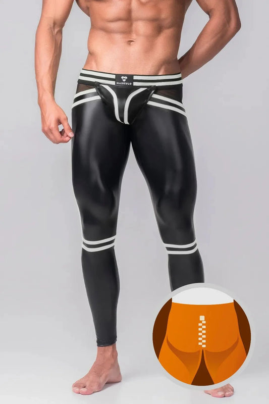 Men's Leggings. Codpiece. Zippered Rear. Black and White Neon - MLG104 - Y1 - www.fieldessential.click - Local store