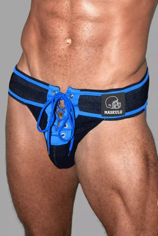 Liam Gridd - Iron, American Football Jockstrap. Black + Royal Blue - MJS191 - Y1 - www.fieldessential.click - Local store
